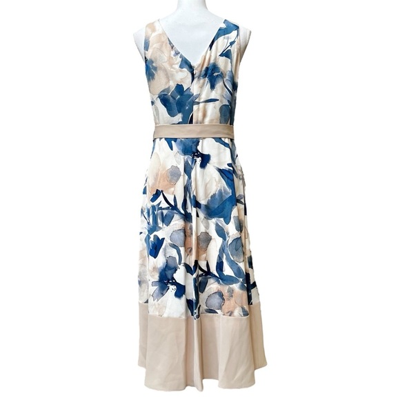 DKNY Long Sleeveless Cream Tan & Navy Blue Floral Dress Faux Wrap Size 8 NWT - Picture 7 of 16